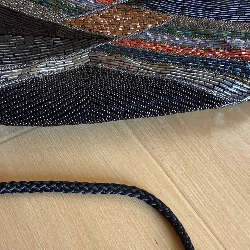 VINTAGE BEADED CLUTCH PURSE GEOMETRIC BLACK MULTICOLORED EVENING BAG CROSSBODY